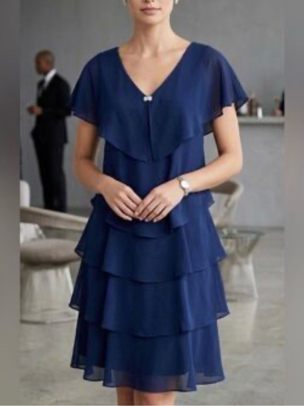 SLNY Tiered Chiffon Capelet Dress with Rhinestone Detail - Royal Blue size 16